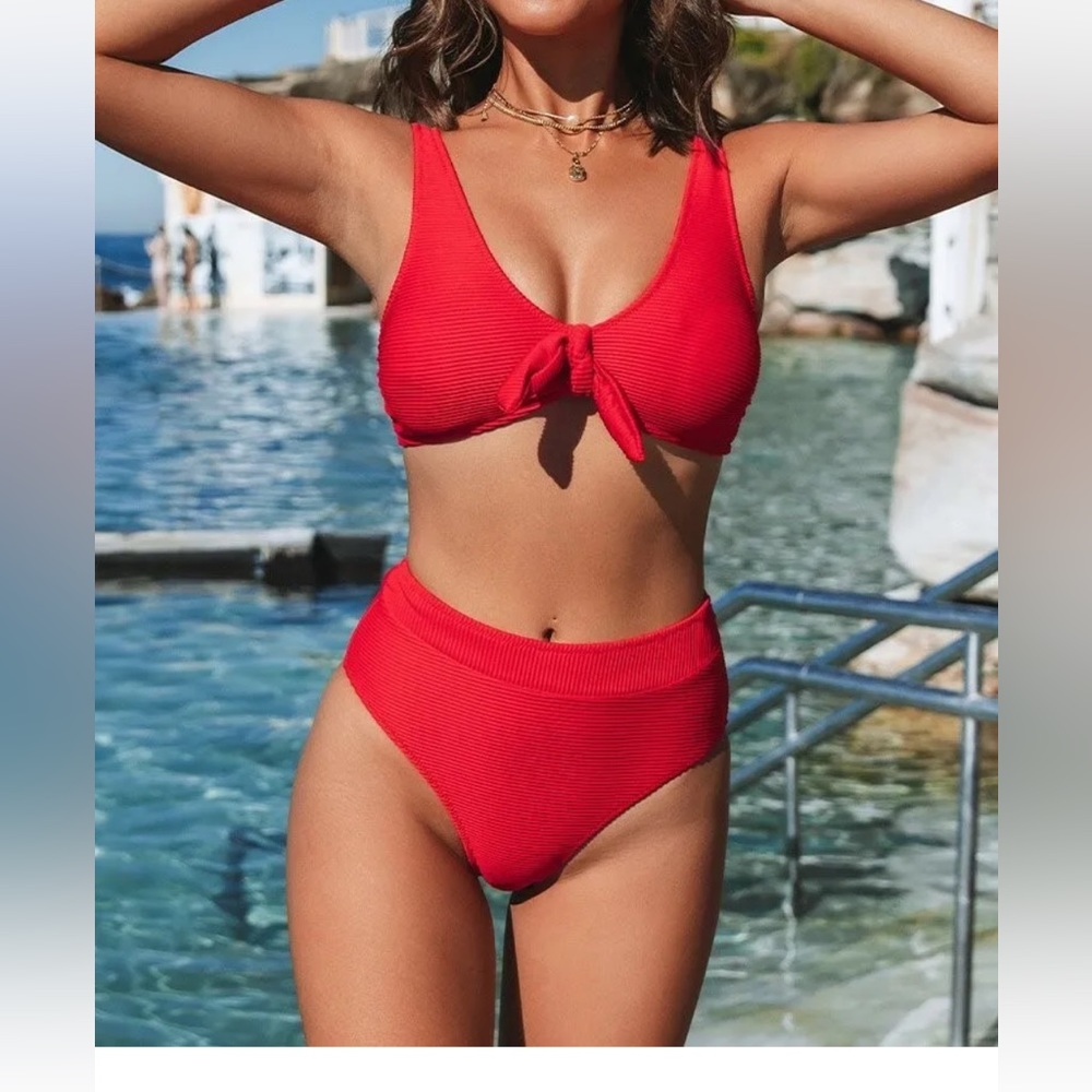 Women’s Size Medium Cupshe Ribbed Red Bowknot Bikini High Waisted B Cup